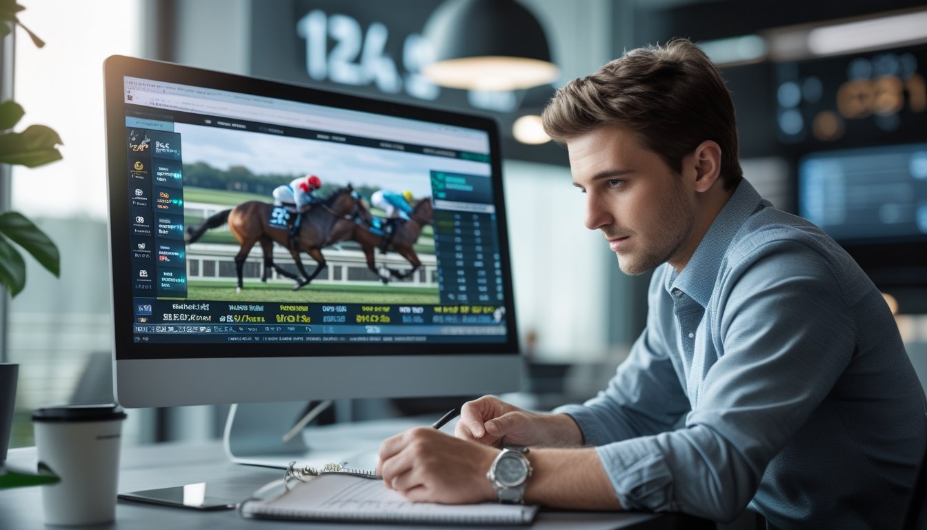 Seseorang sedang fokus menganalisis data taruhan pacuan kuda online di depan komputer dengan catatan strategi pengelolaan uang.