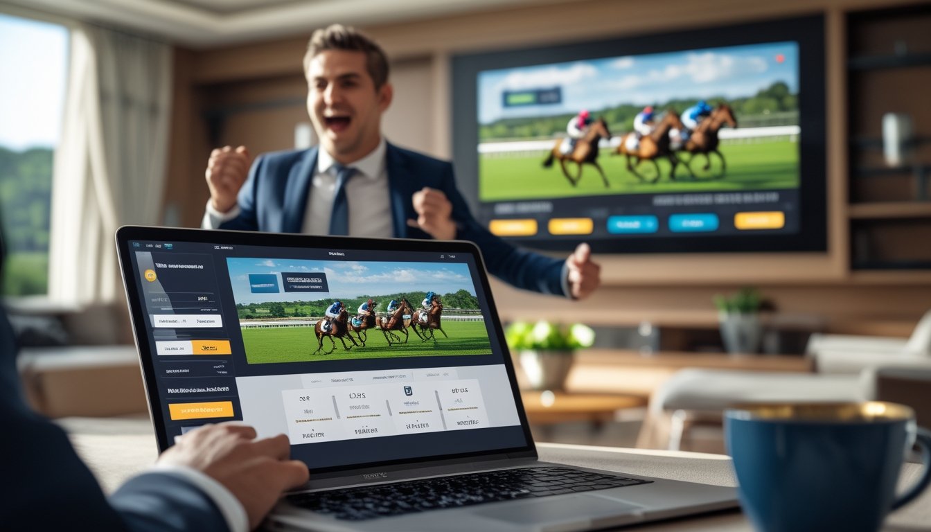 Seseorang menonton pacuan kuda di layar besar dengan perangkat digital di meja, menunjukkan aktivitas taruhan pacuan kuda online.