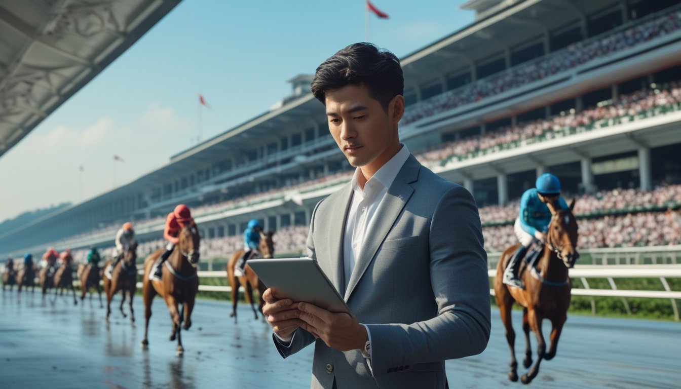Seorang pria sedang menggunakan tablet di dekat arena pacuan kuda yang ramai dengan kuda dan joki yang sedang berlomba.