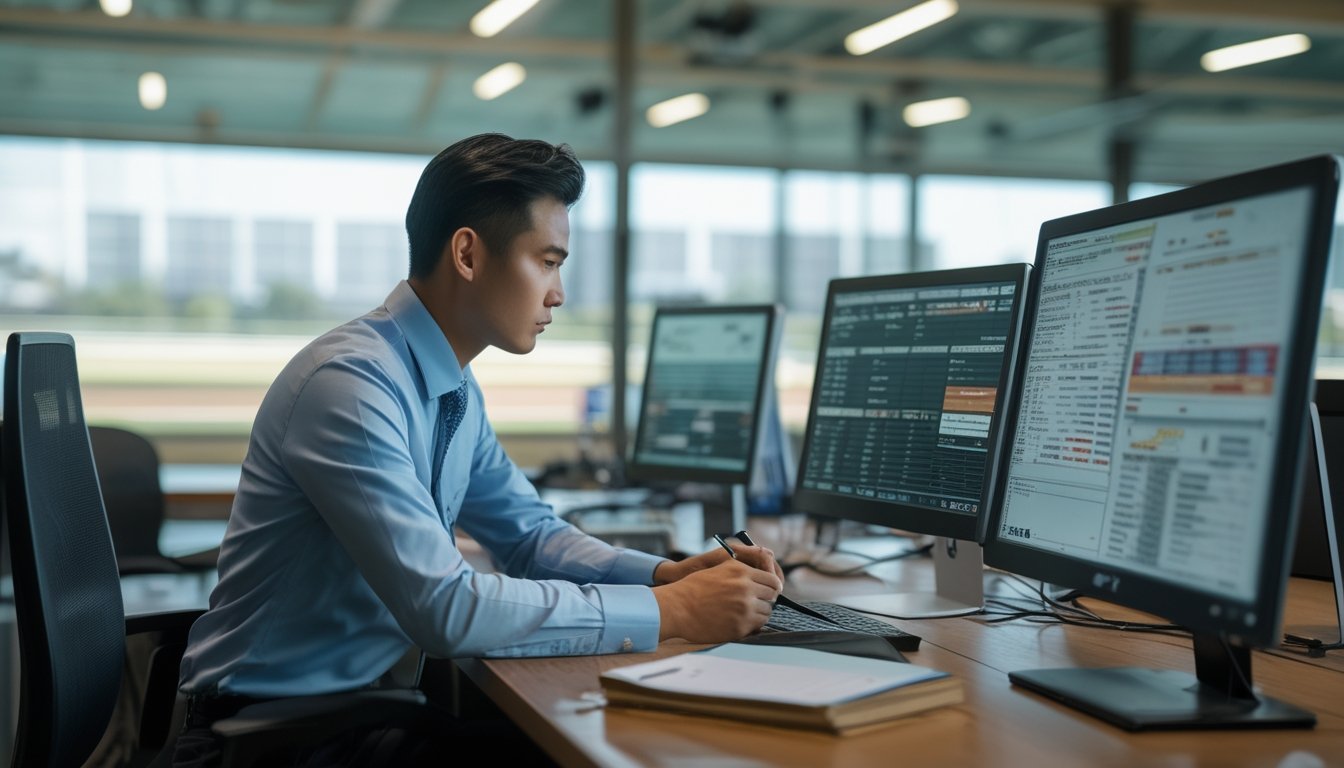 Seorang pria sedang menganalisis data pacuan kuda di depan beberapa layar komputer di sebuah kantor modern dengan jendela yang menghadap ke lintasan pacuan kuda.
