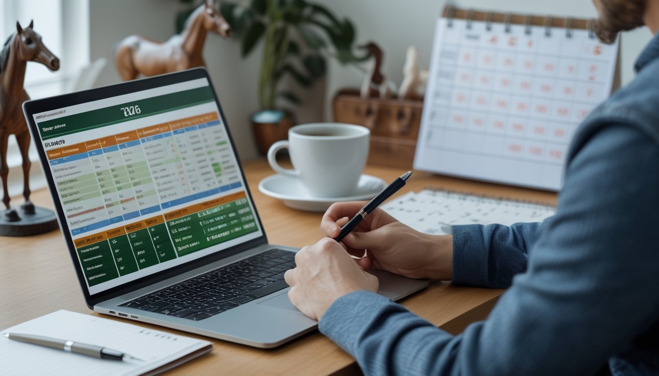 Seseorang sedang menganalisis data taruhan kuda secara online di meja kerja dengan laptop, catatan, dan dekorasi bertema kuda.