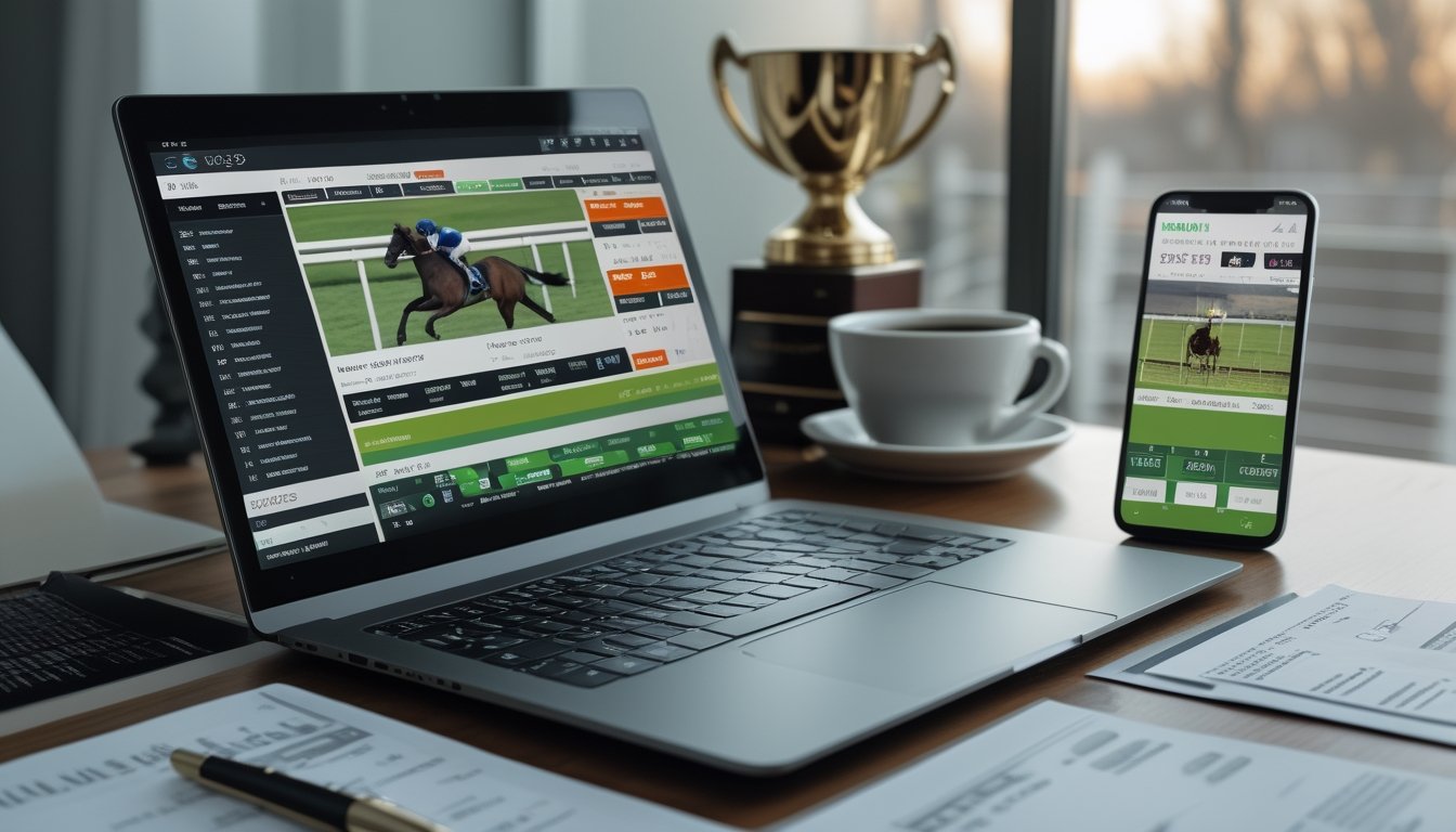 Seseorang sedang menggunakan laptop dan ponsel untuk memasang taruhan kuda online dengan latar meja kerja yang rapi dan piala balap kuda di belakang.