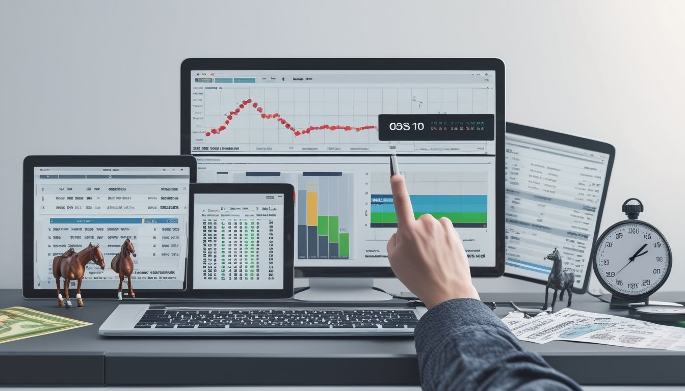 Seorang pria sedang menganalisis data statistik pacuan kuda di depan laptop dan tablet di ruang kerja yang rapi.