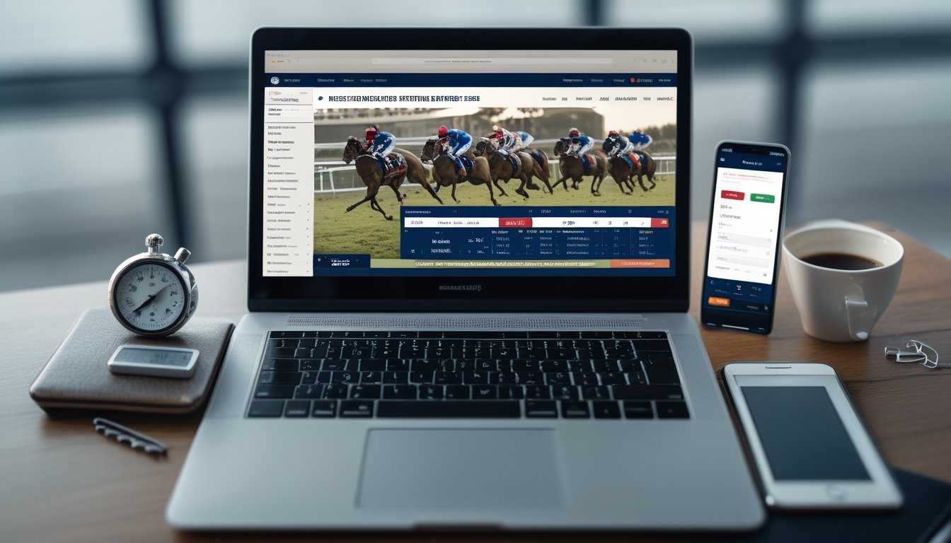 Seorang pria menggunakan laptop di meja kerja dengan tampilan situs taruhan pacuan kuda online, dikelilingi oleh smartphone dan stopwatch, dengan latar belakang gambar kuda berlari di arena pacuan.