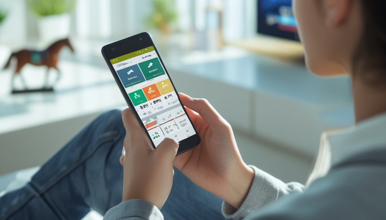 Seseorang menggunakan smartphone Android untuk memasang taruhan pacuan kuda secara online di dalam ruangan yang terang.