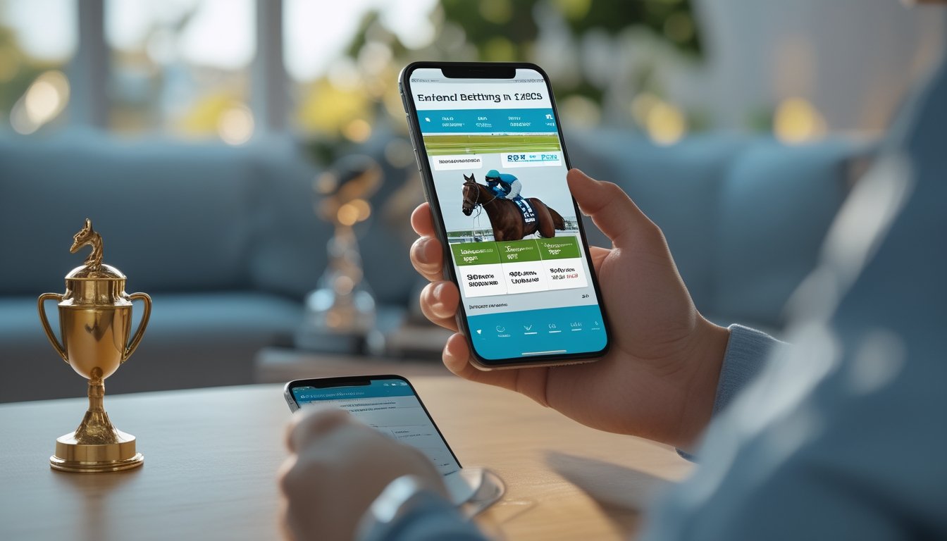 Seseorang menggunakan ponsel Android untuk memasang taruhan pacuan kuda secara online di dalam ruangan yang terang.