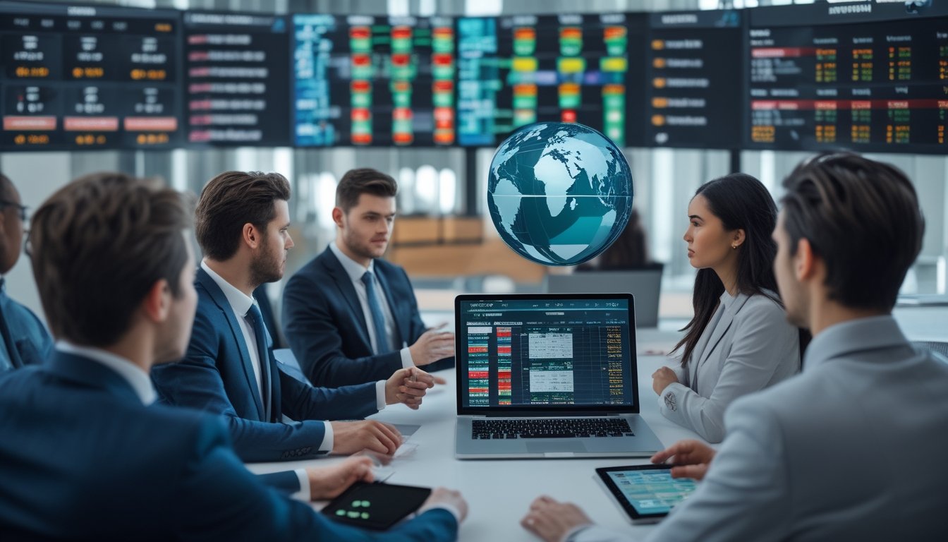 Sejumlah orang profesional sedang menganalisis data taruhan pacuan kuda internasional menggunakan layar digital dan perangkat teknologi di ruang modern.
