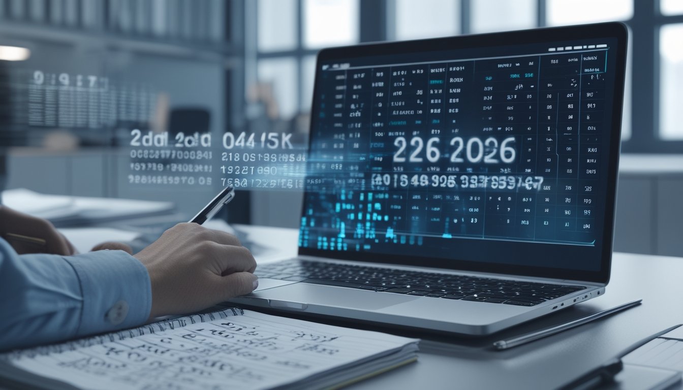 Seorang pria sedang menganalisis data angka di laptop dan catatan di meja kerja yang rapi di kantor.