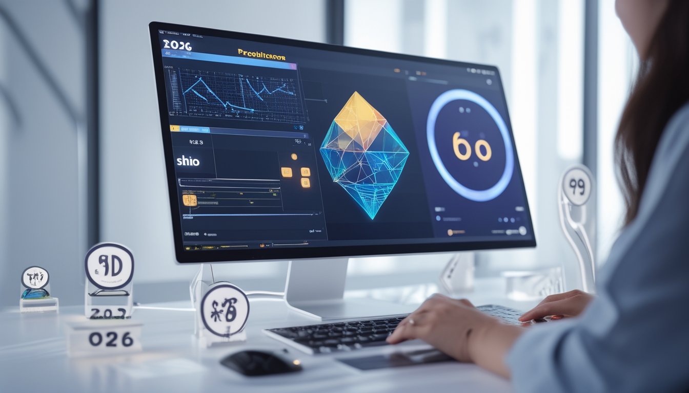 Sebuah meja kerja modern dengan layar komputer menampilkan bentuk 2D dan 3D serta simbol shio dan elemen angka, dengan tangan seseorang berinteraksi dengan layar sentuh di lingkungan yang terang dan bersih.