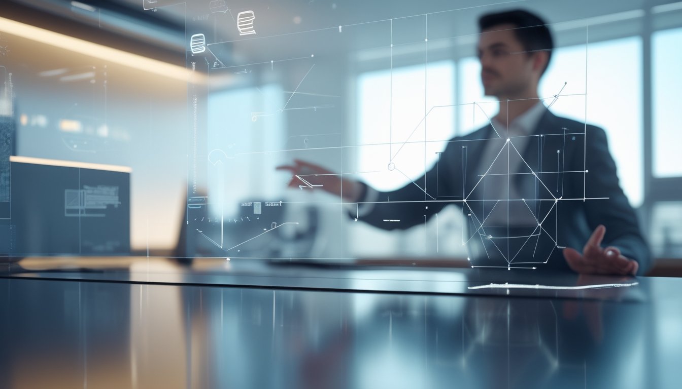 Seseorang sedang berinteraksi dengan layar holografik yang menampilkan kombinasi bentuk 2D dan model 3D di ruang kerja modern.