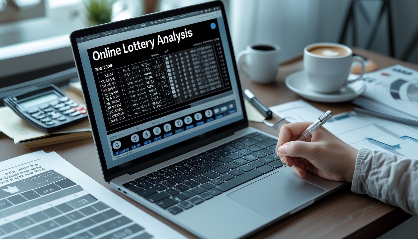 Meja kerja dengan laptop yang menampilkan data dan grafik analisa togel kombinasi 2D dan 3D, dengan tangan seseorang menunjuk layar dan alat analisis di sekitar meja.