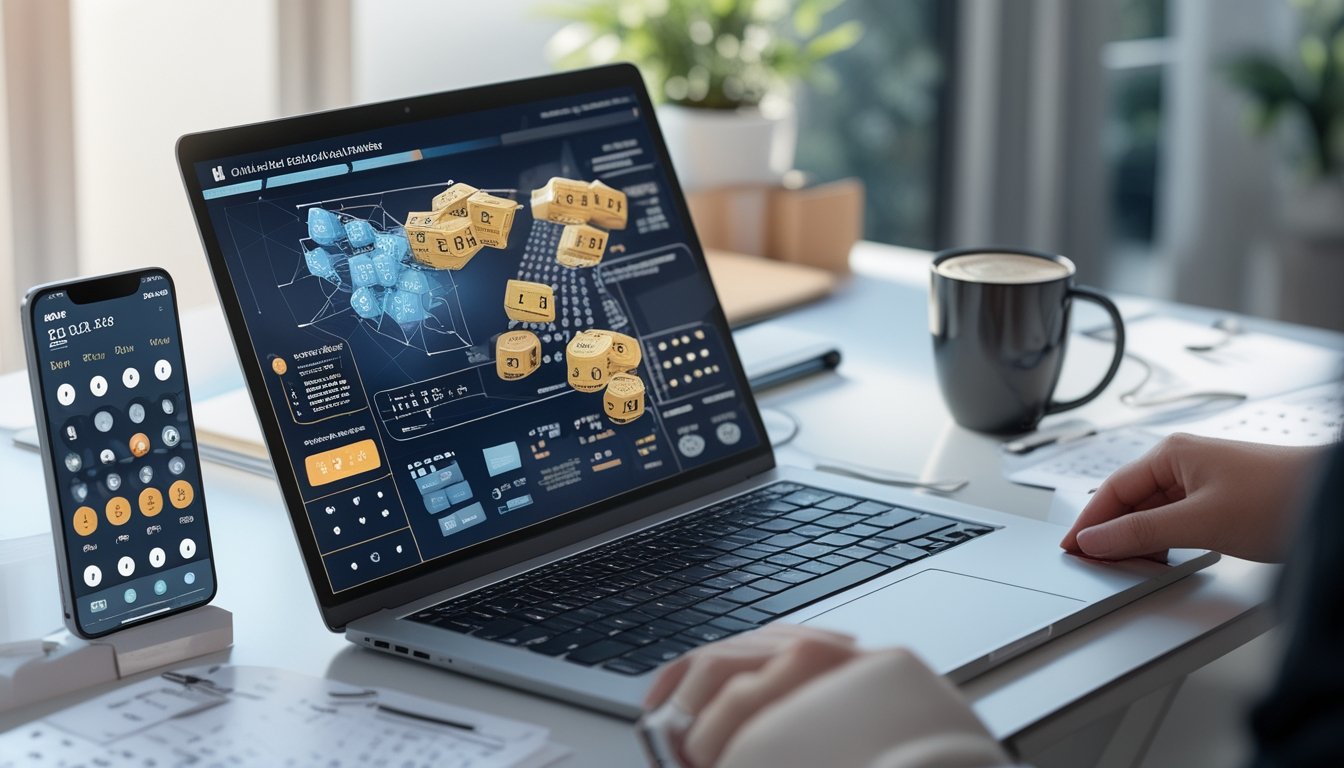 Seorang profesional sedang bekerja dengan laptop yang menampilkan data kombinasi togel 2D dan 3D, dikelilingi catatan dan ponsel di atas meja kerja yang rapi.