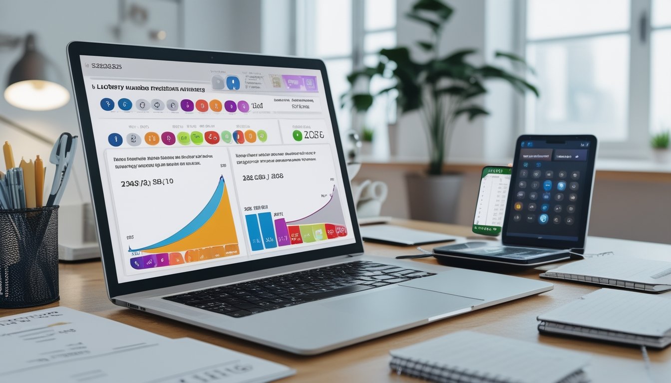 Sebuah ruang kerja modern dengan laptop yang menampilkan grafik dan data angka togel 2D dan 3D, dikelilingi oleh alat tulis dan perangkat elektronik di meja yang rapi.