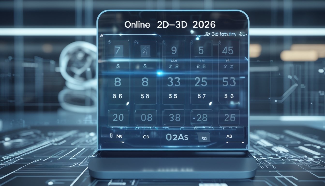 Antarmuka digital modern menampilkan kombinasi angka togel 2D-3D untuk tahun 2026 dengan angka utama, kepala, ekor, dan AS.