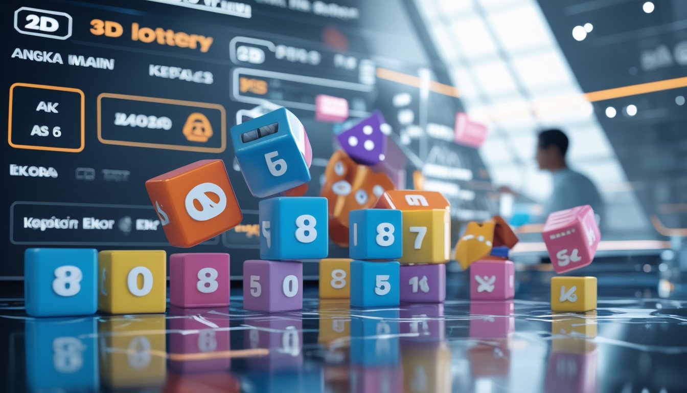 Seseorang menggunakan layar sentuh transparan dengan tampilan angka lotere dalam bentuk 2D dan 3D di ruang kerja modern.