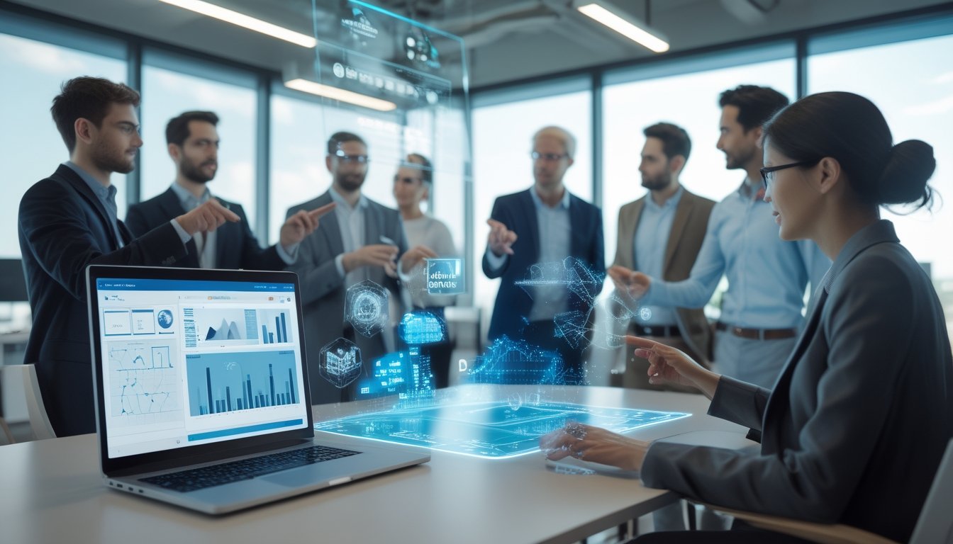 Sekelompok profesional sedang berdiskusi di ruang kantor modern dengan laptop dan visualisasi data 2D dan 3D yang ditampilkan di layar dan hologram di atas meja.
