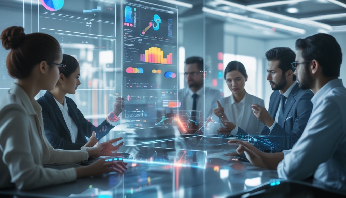 Sekelompok profesional bekerja dengan layar holografik menampilkan elemen permainan 2D dan 3D serta data prediksi di ruang kantor modern.