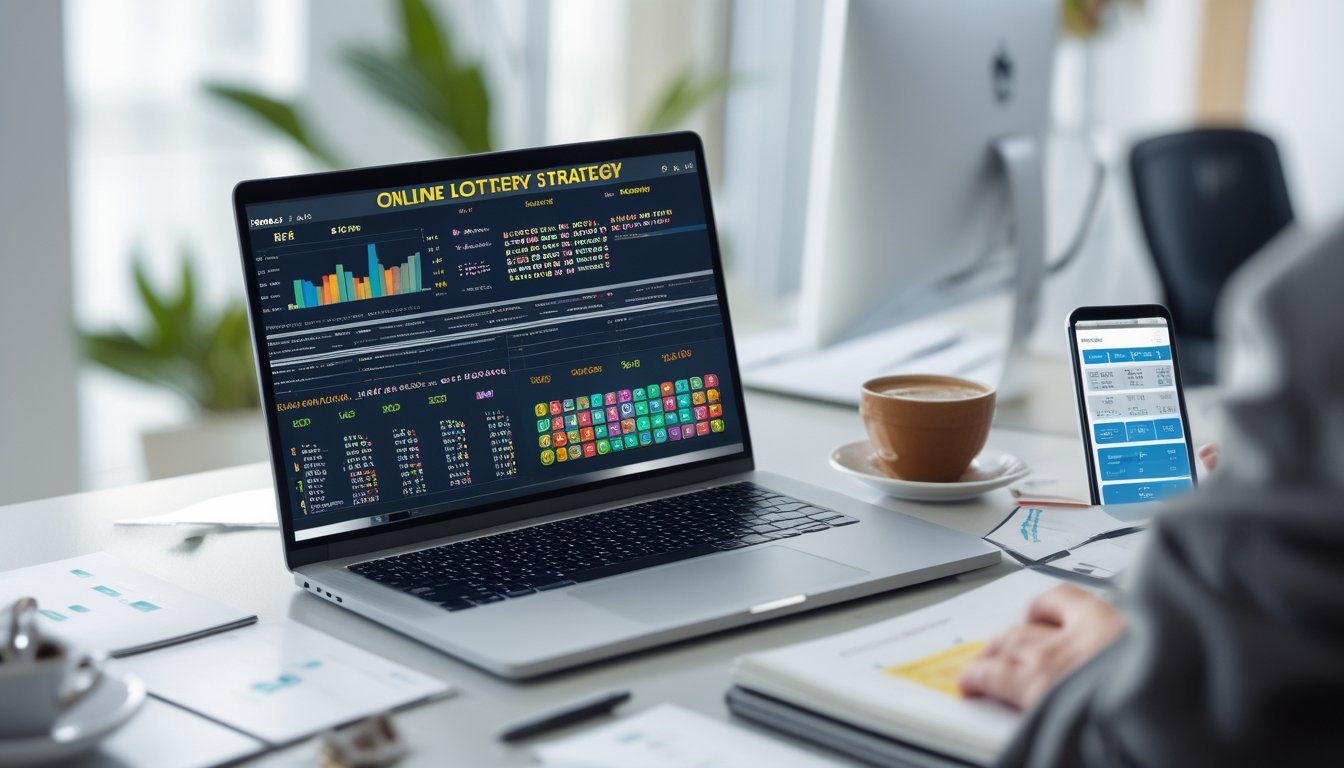 Meja kerja modern dengan laptop yang menampilkan data angka dan grafik, ponsel dengan aplikasi lotere, serta secangkir kopi di lingkungan kantor yang terang dan rapi.