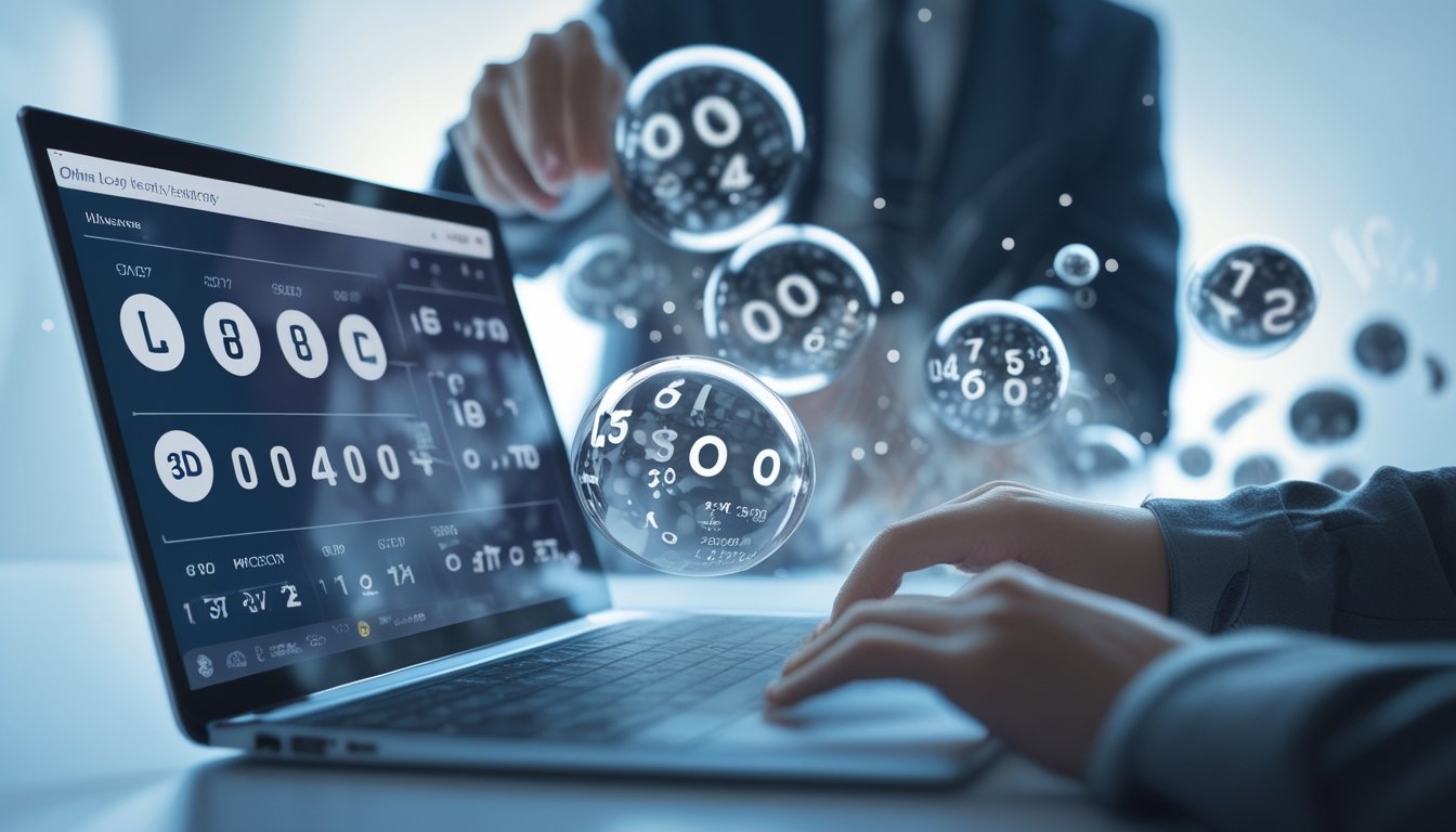 Seseorang menggunakan laptop dengan tampilan angka togel dan proyeksi holografik bola togel di udara.