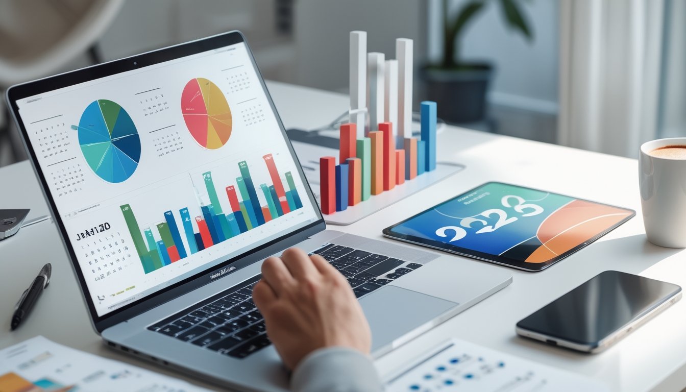 Sebuah meja kerja modern dengan laptop yang menampilkan grafik warna-warni, kalender bulan Januari hingga Desember, dan alat tulis di sekitarnya.
