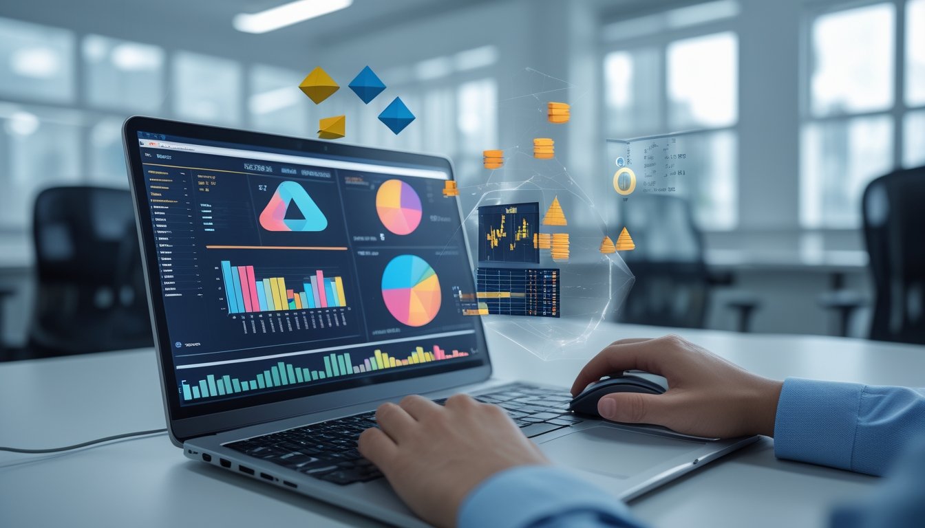 Meja kerja modern dengan laptop yang menampilkan visualisasi data 2D dan 3D, serta proyeksi holografik bentuk geometris dan angka di atas meja.