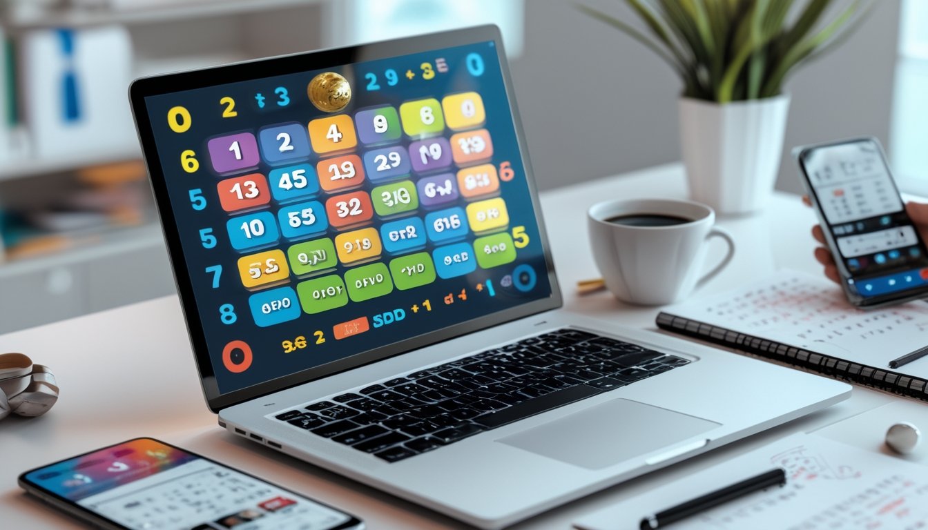 Seorang pria duduk di depan laptop dengan tampilan angka togel 2D dan 3D, dikelilingi oleh ponsel, kopi, dan catatan di meja kerja.