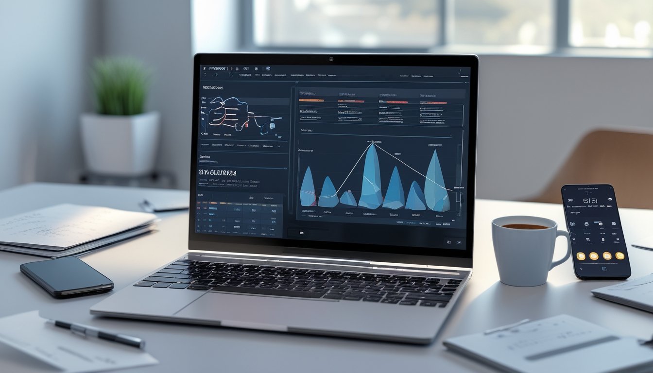 Sebuah ruang kerja modern dengan laptop yang menampilkan grafik 2D dan 3D, smartphone dengan pembaruan harian, dan alat tulis di meja yang rapi.