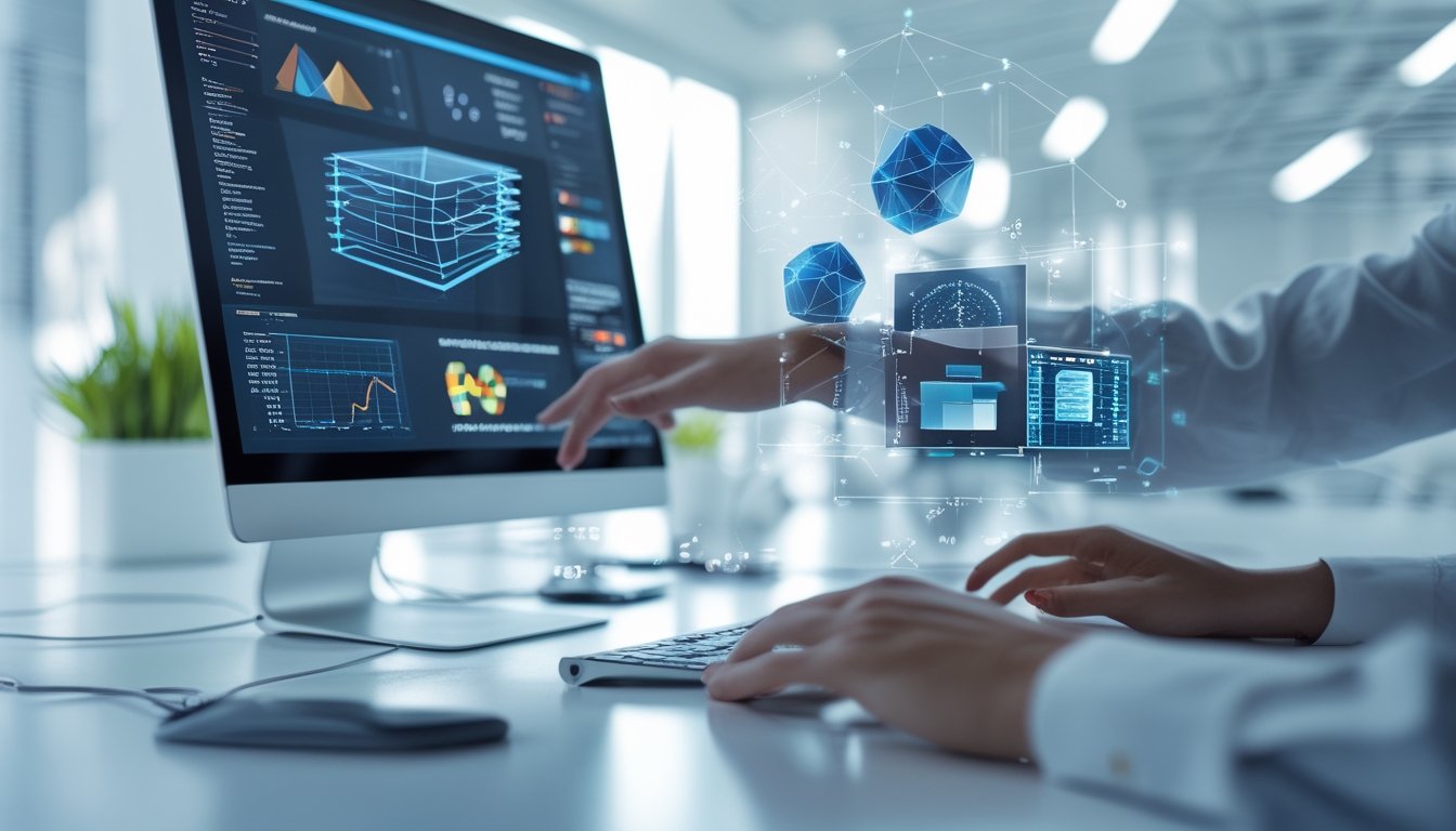 Seseorang menggunakan layar sentuh transparan dengan model 2D dan 3D serta grafik di depan komputer di ruang kerja modern.