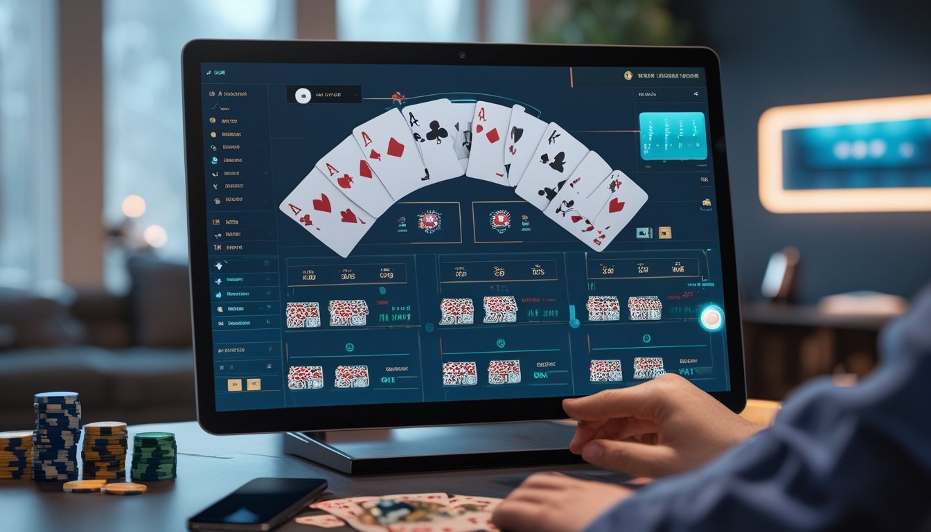 Seseorang bermain multi-hand blackjack online dengan beberapa tangan kartu terlihat di layar komputer di lingkungan rumah atau kantor yang modern.
