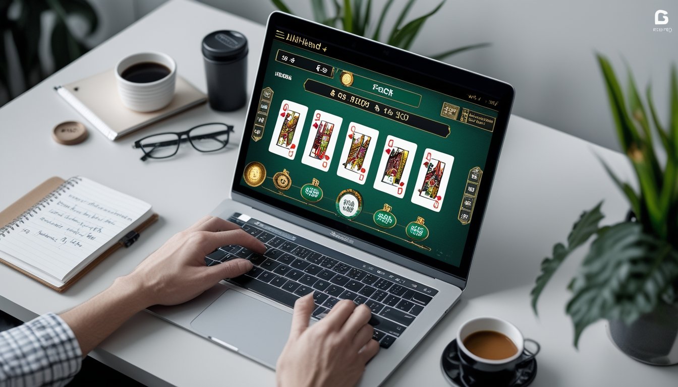 Seseorang sedang bermain multi-hand blackjack online di depan laptop dengan beberapa tangan kartu terlihat di layar, di meja terdapat catatan dan cangkir kopi.