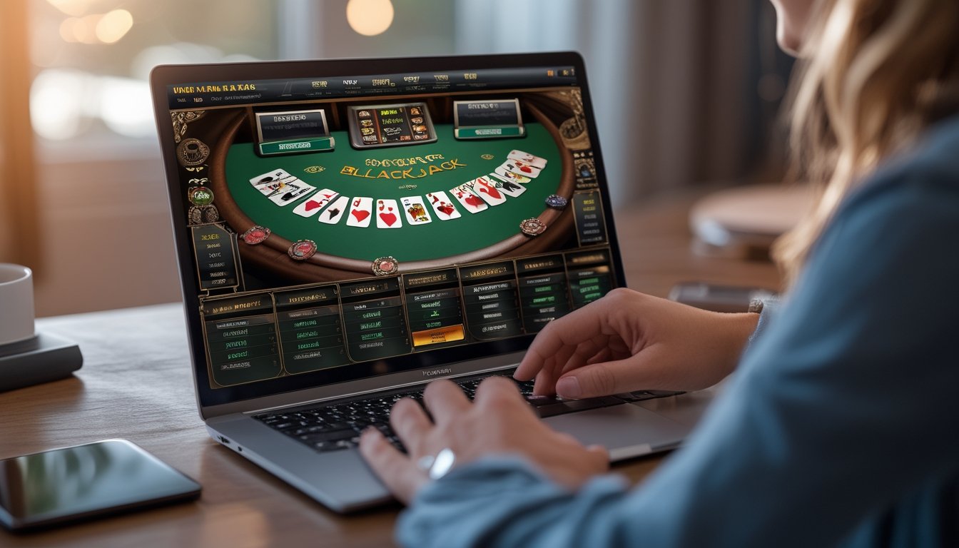 Seseorang menggunakan laptop dengan tampilan meja blackjack online yang menampilkan beberapa tangan kartu dan chip.