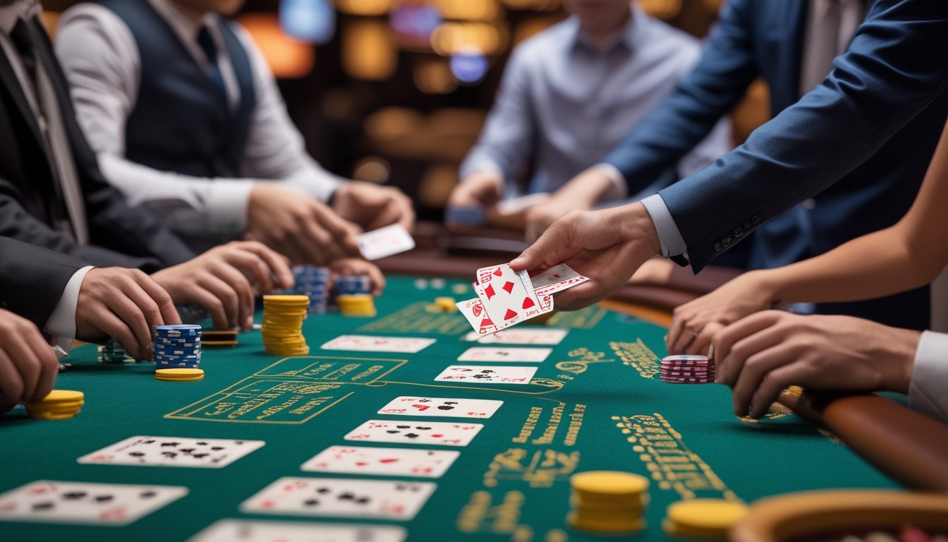 Meja blackjack kasino dengan beberapa tangan kartu yang sedang dimainkan oleh beberapa pemain dan dealer yang membagikan kartu.