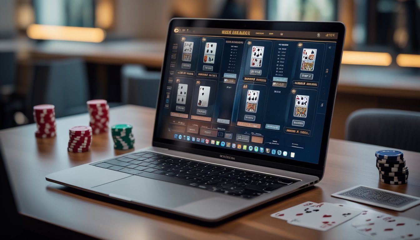 Seorang pemain menggunakan laptop dengan beberapa tangan blackjack virtual di layar, dikelilingi oleh chip poker dan kartu remi di atas meja.