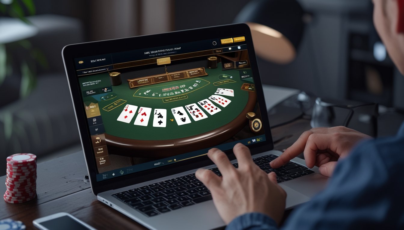 Seorang pemain sedang bermain blackjack online dengan beberapa tangan kartu di layar laptop di ruangan yang nyaman.