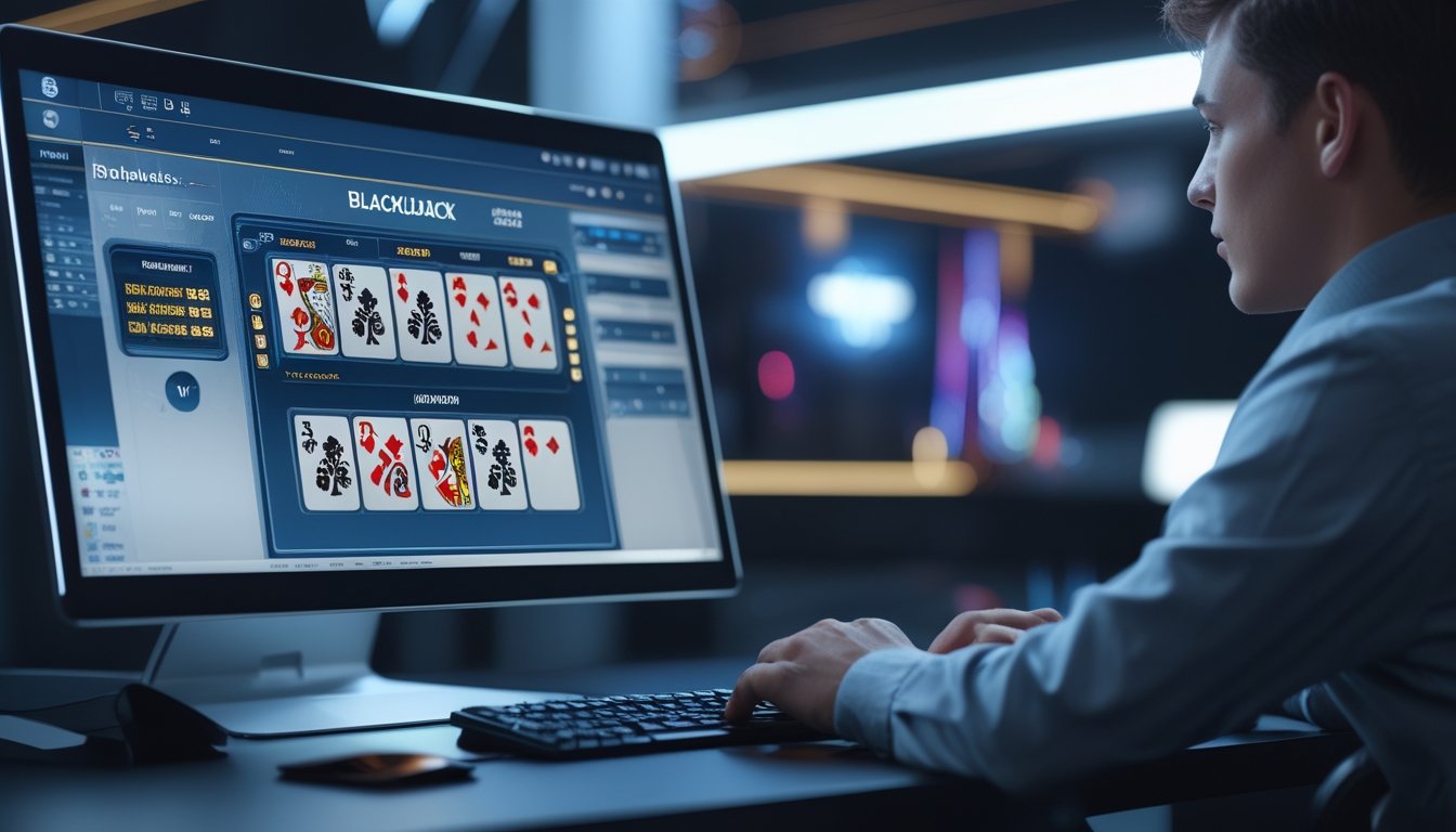 Seorang pemain sedang bermain blackjack online multi-hand di depan layar komputer dengan beberapa tangan kartu terlihat.
