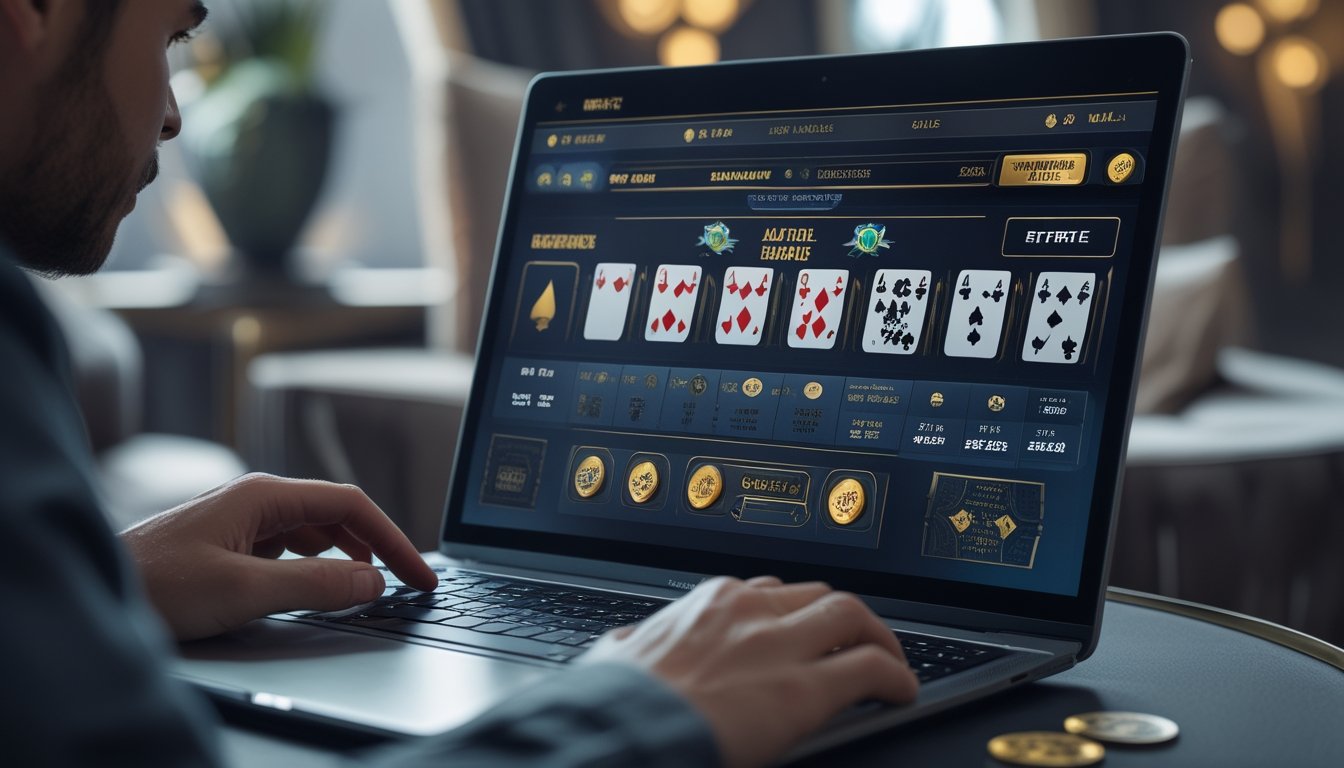 Seorang pemain fokus menggunakan laptop untuk bermain multi-hand blackjack online dengan beberapa tangan kartu terlihat di layar.