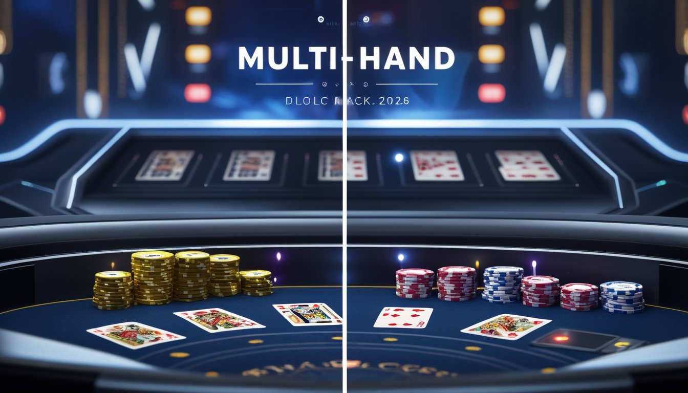 Meja blackjack online modern dengan satu sisi menampilkan beberapa tangan kartu dan sisi lain menampilkan satu tangan kartu.