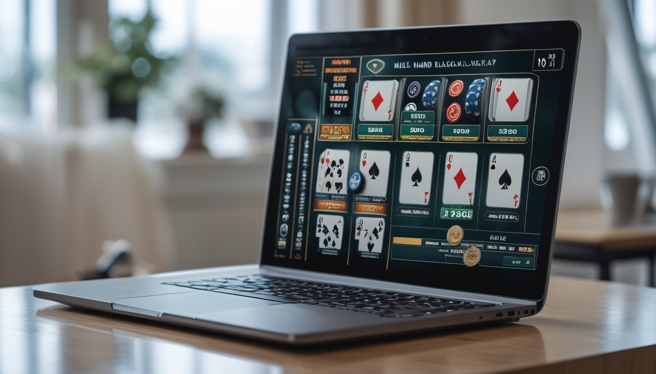 Layar laptop menampilkan perbandingan permainan blackjack online dengan beberapa tangan dan satu tangan, di atas meja kayu di ruangan yang terang.