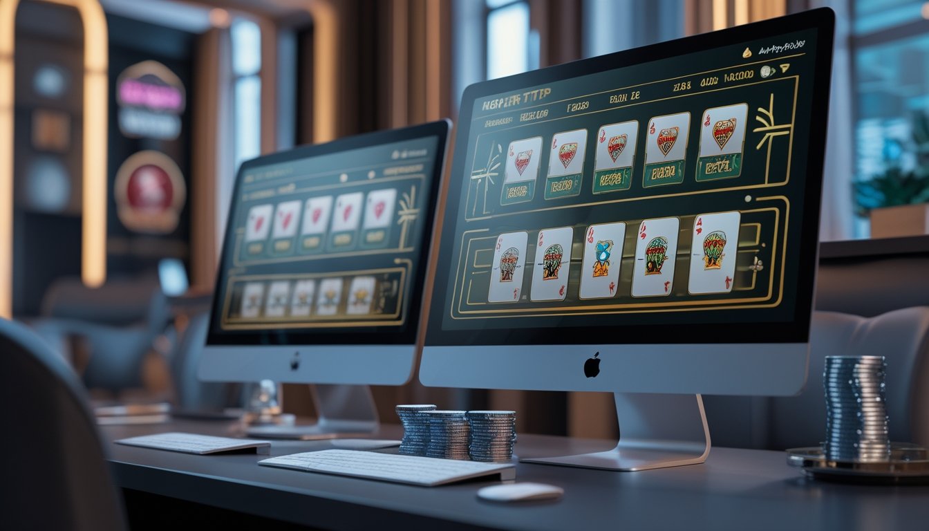 Sebuah meja kerja modern dengan beberapa layar komputer menampilkan permainan blackjack online dengan kartu dan chip poker.