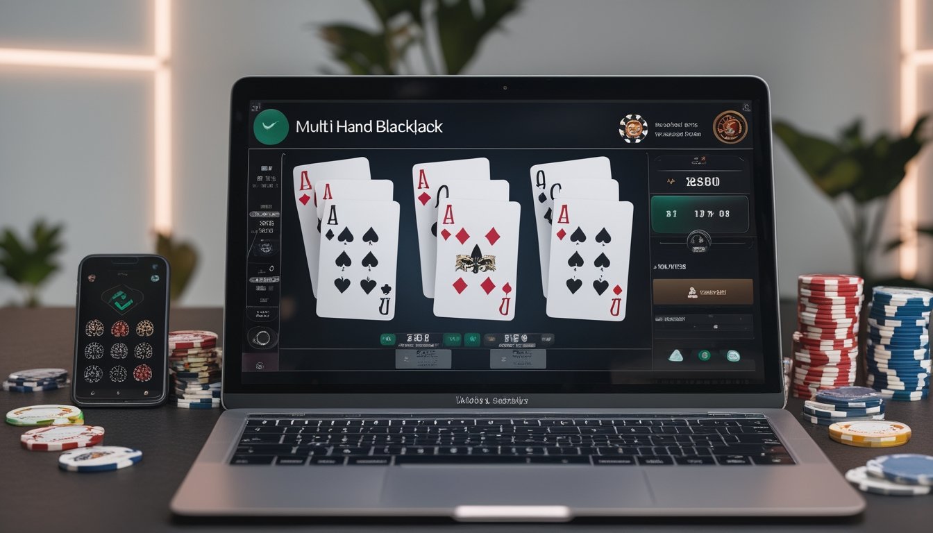 Sebuah laptop menampilkan beberapa tangan kartu blackjack dalam permainan online dengan chip poker di sekitarnya di lingkungan kasino modern.