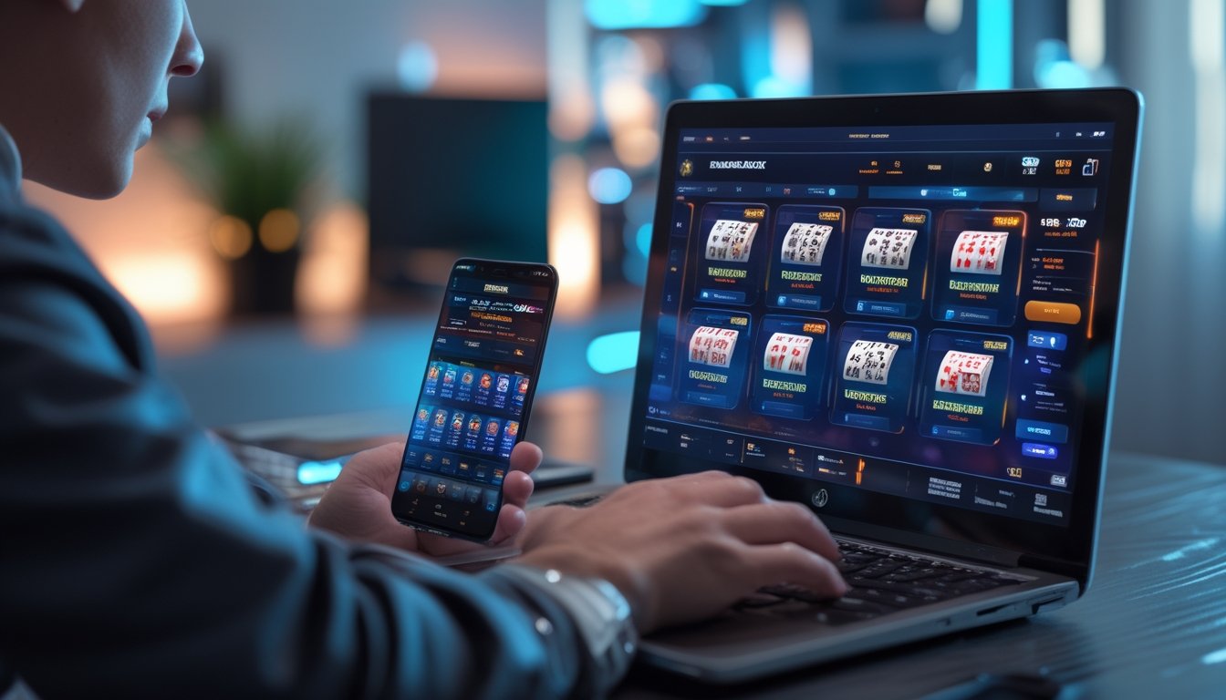Seorang pemain sedang bermain blackjack online dengan beberapa tangan di laptop dan ponsel di sebuah ruangan modern.