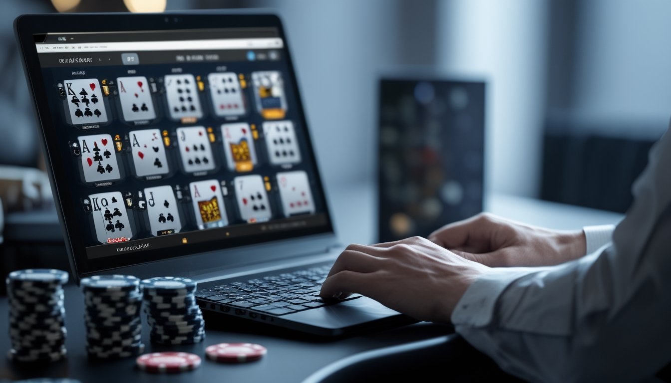Seorang pemain sedang bermain blackjack online dengan beberapa tangan kartu terlihat di layar komputer, dengan tumpukan chip di sampingnya.