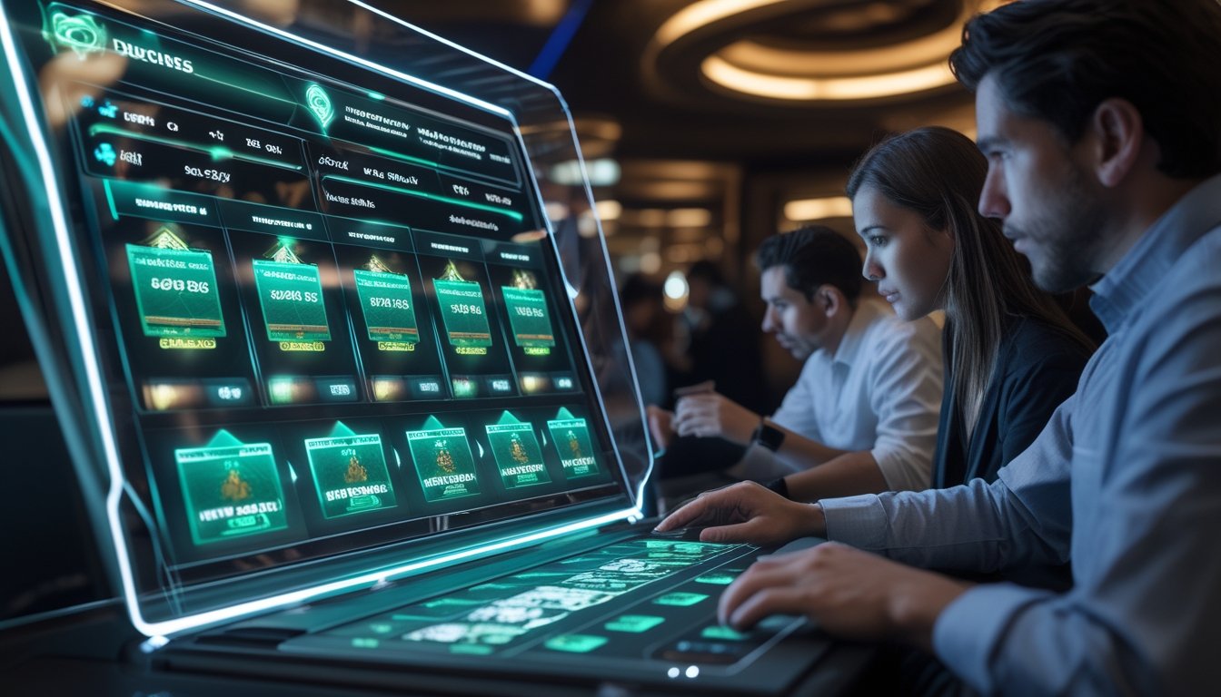 Beberapa orang bermain blackjack online dengan antarmuka digital modern yang menampilkan beberapa tangan kartu secara bersamaan di sebuah layar transparan besar.