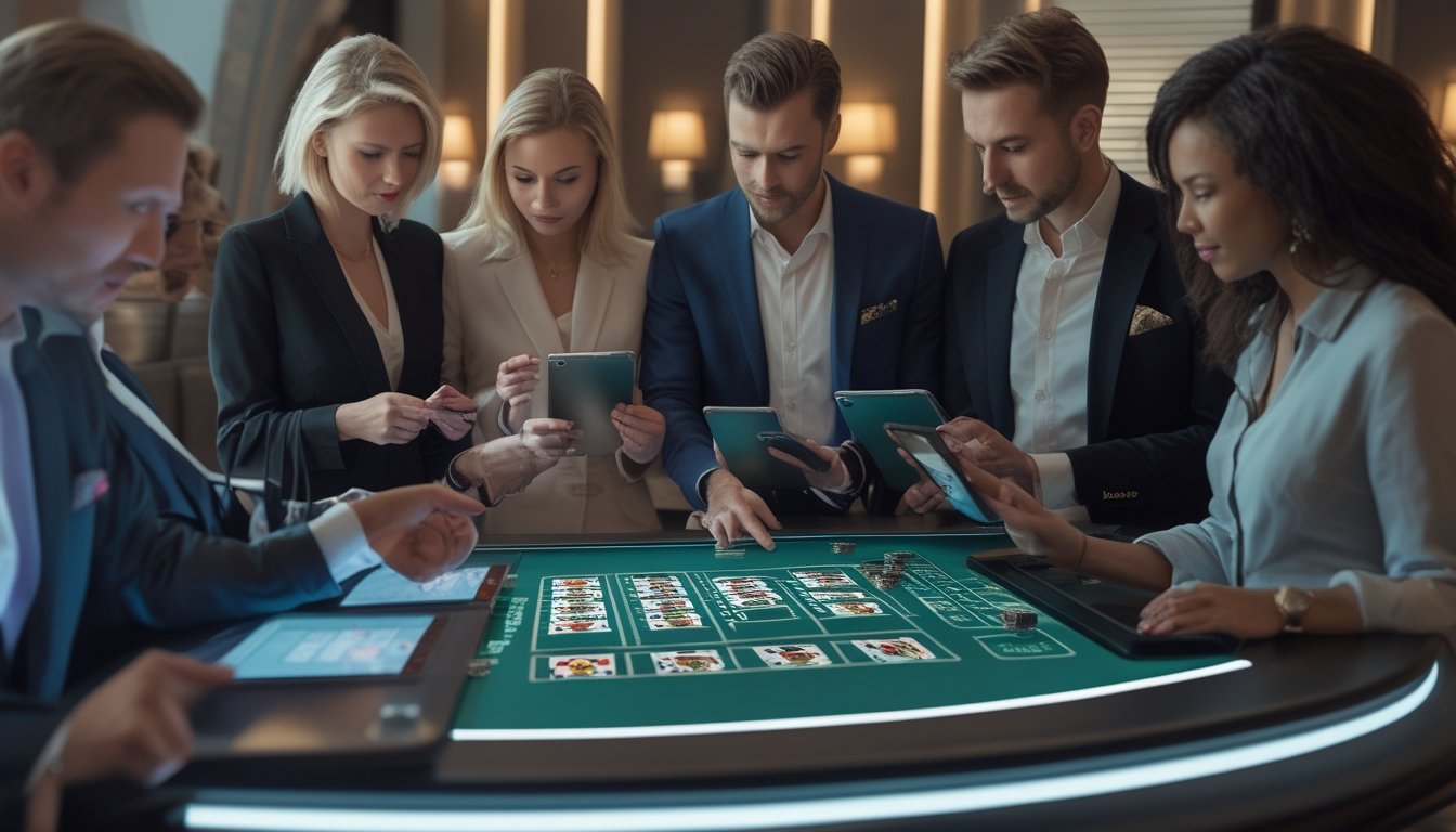Orang-orang sedang bermain blackjack online dengan beberapa tangan kartu di layar digital di sebuah ruangan modern.