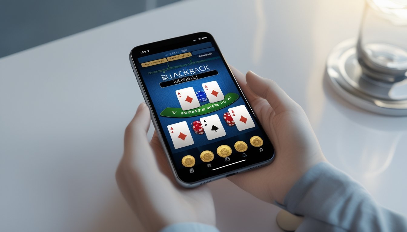 Seseorang memegang ponsel yang menampilkan permainan blackjack online dengan beberapa tangan kartu di layar.