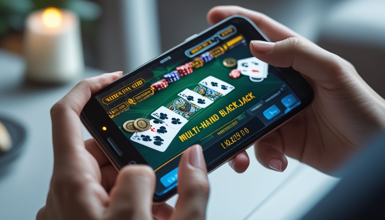 Tangan seseorang memegang ponsel yang menampilkan permainan multi-hand blackjack dengan beberapa tangan kartu dan chip di layar.