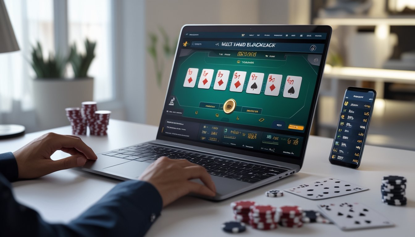 Seorang pemain judi online sedang bermain multi-hand blackjack di depan komputer dengan beberapa tangan kartu terlihat, di ruang gaming modern.