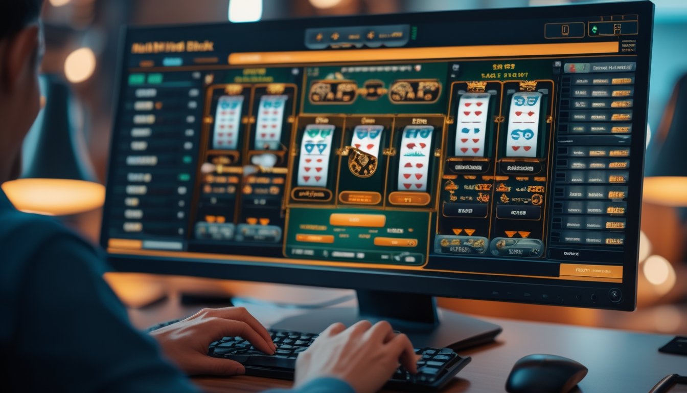 Seorang pemain sedang bermain multi-hand blackjack online di depan komputer dengan beberapa tangan kartu terlihat di layar.