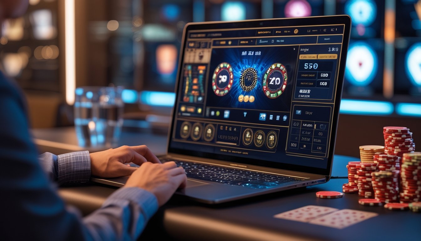 Seorang pemain sedang bermain Speed Baccarat online di depan komputer dengan kartu dan chip terlihat jelas dalam suasana kasino yang modern dan terpercaya.