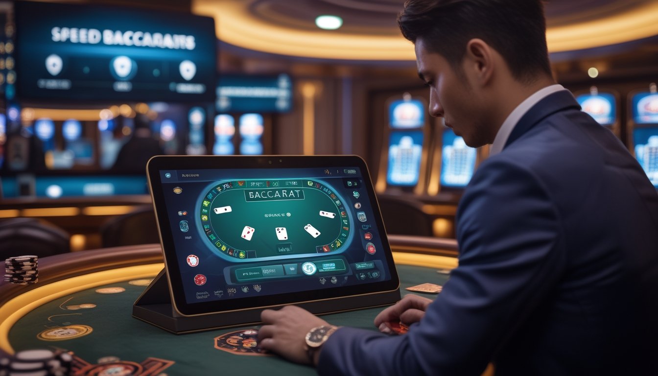 Seorang pemain fokus menggunakan perangkat digital untuk bermain speed baccarat online dengan tampilan meja kartu dan chip kasino di latar belakang.